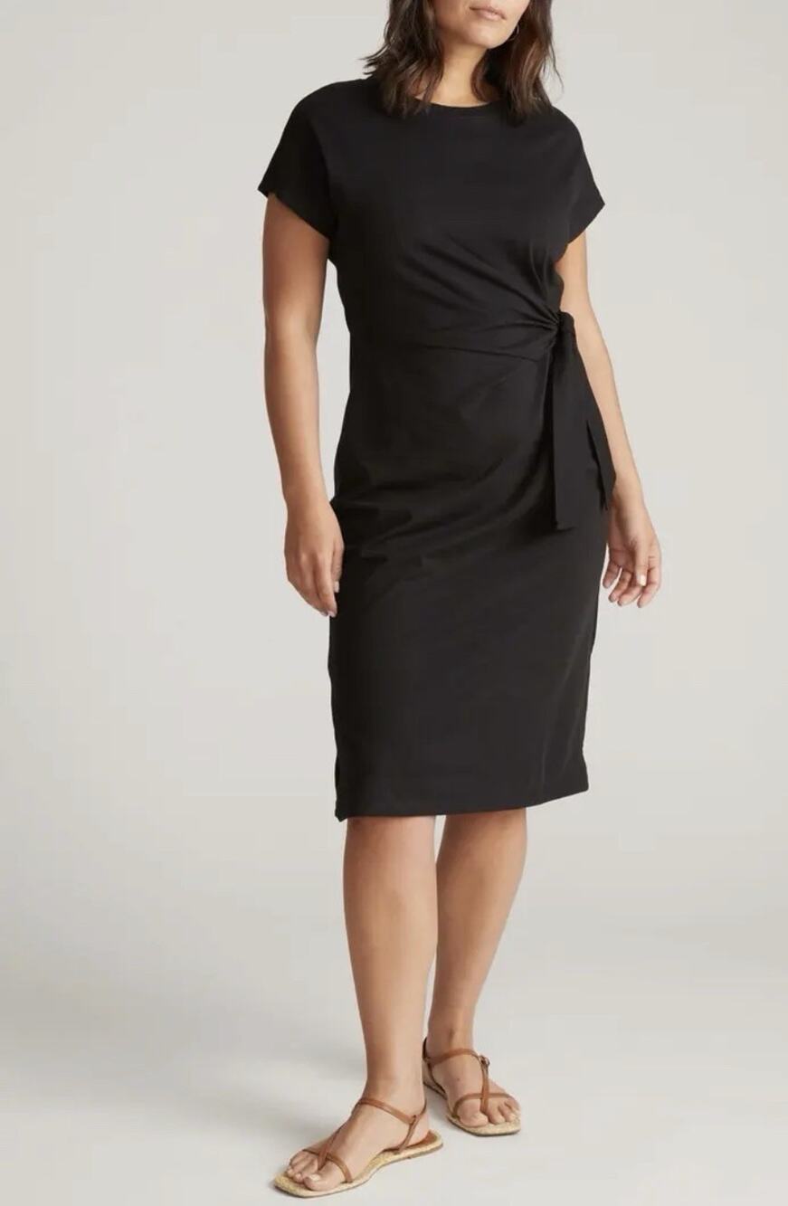DKNY Black Stretch Cotton Knit Short Sleeve Shift Dress Side Tie Bow Size 1X NWT